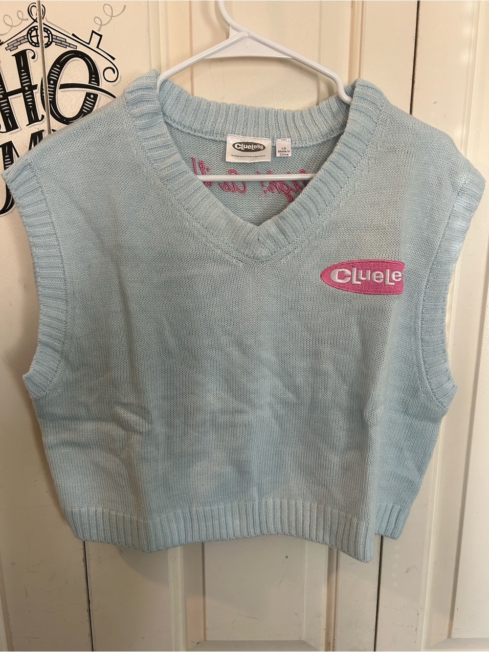 Clueless Womens V-Neck Cropped Sweater Pullover Knit Logo Blue preppycore Size L